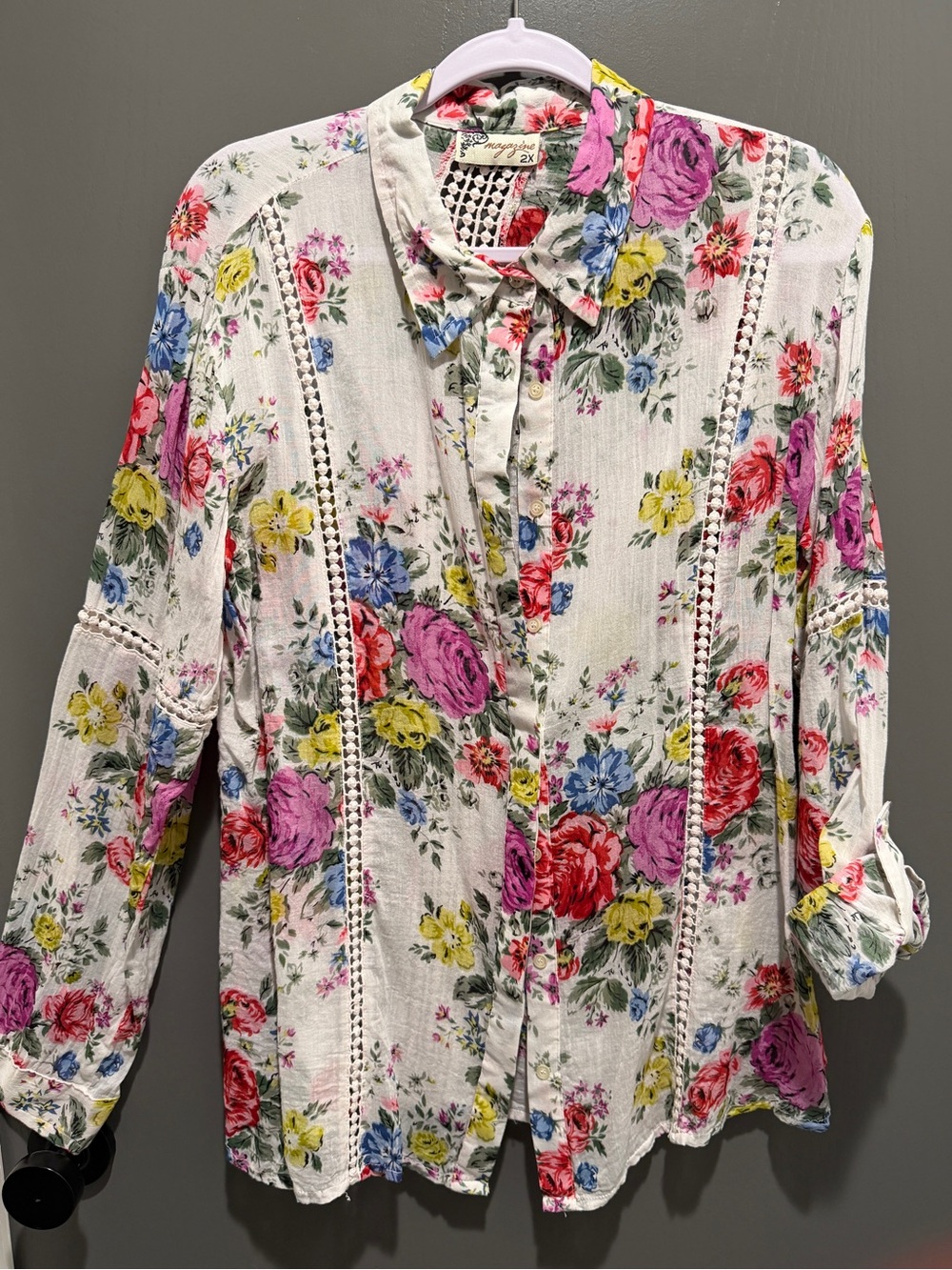 Women's Floral Button-Down Shirt - White with Multicolor Floral